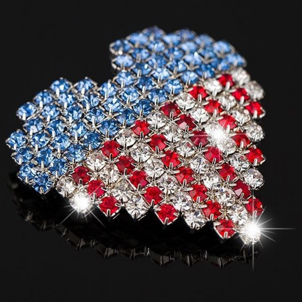 Rhinestone Heart USA American Brooch Pin Silver - Picture 2 of 2